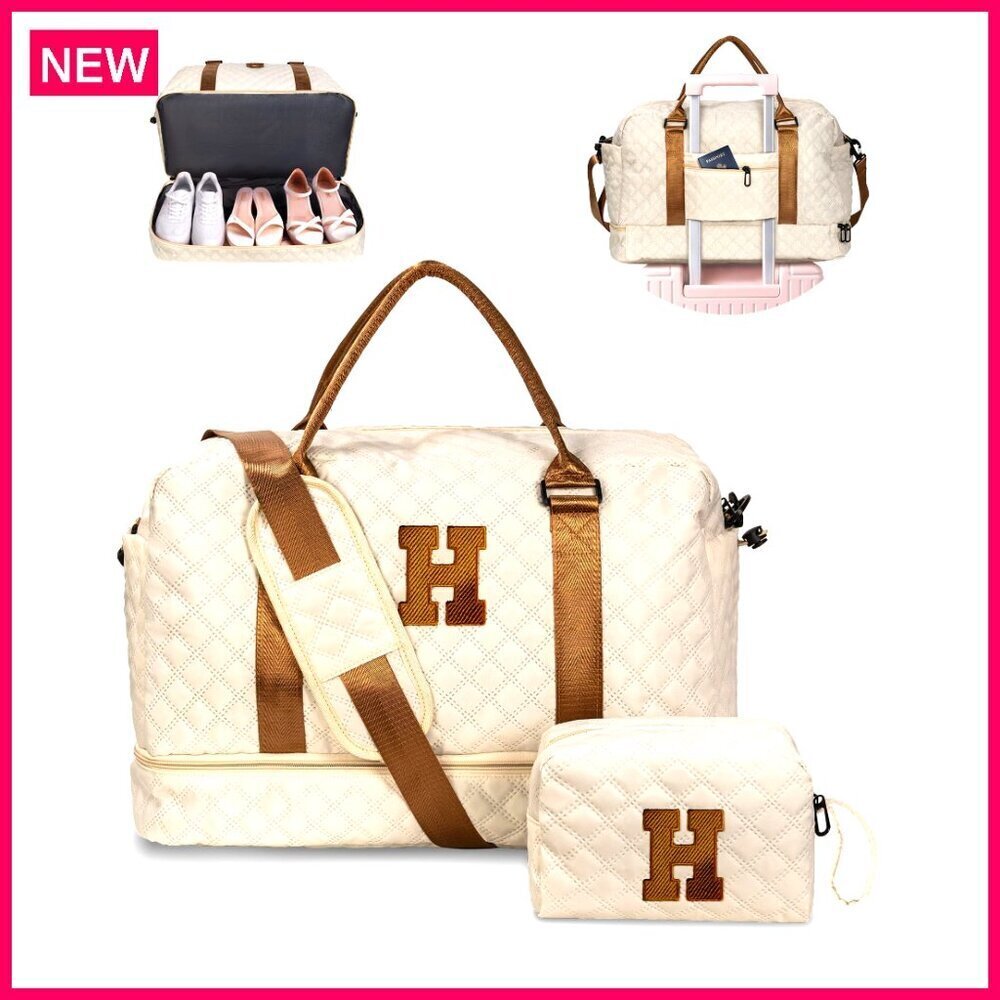 Personalized Monogram Weekender Duffel Bag with Shoe Compartment & Makeup Pouch